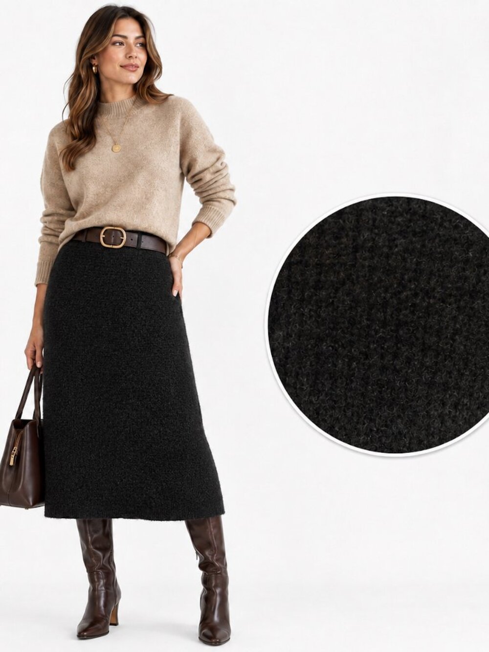 70s 80s Black Chunky Knit Midi Skirt Textured Wool Blend A-Line M